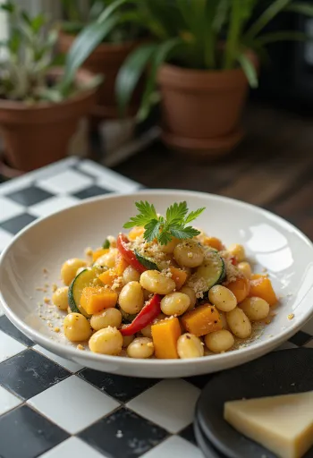 Gnocchi met pompoen en groenten geserveerd