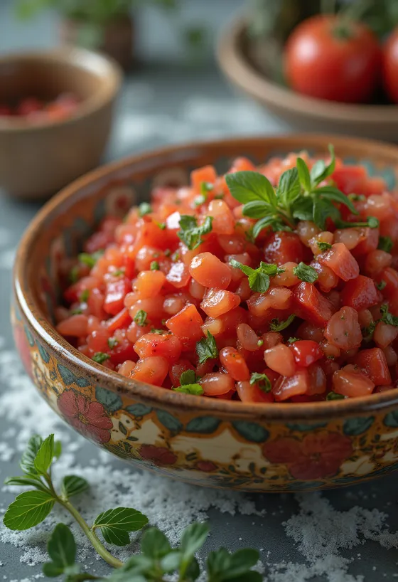 Rode ezme tomatensaus in een kom met groenten