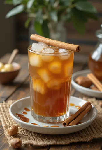 IJsthee met kaneel en karamel in een glas met ijs en munt