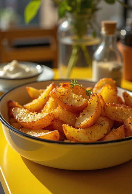 Knapperige gekruide aardappelen goudbruin gebakken, bestrooid met verse groene kruiden