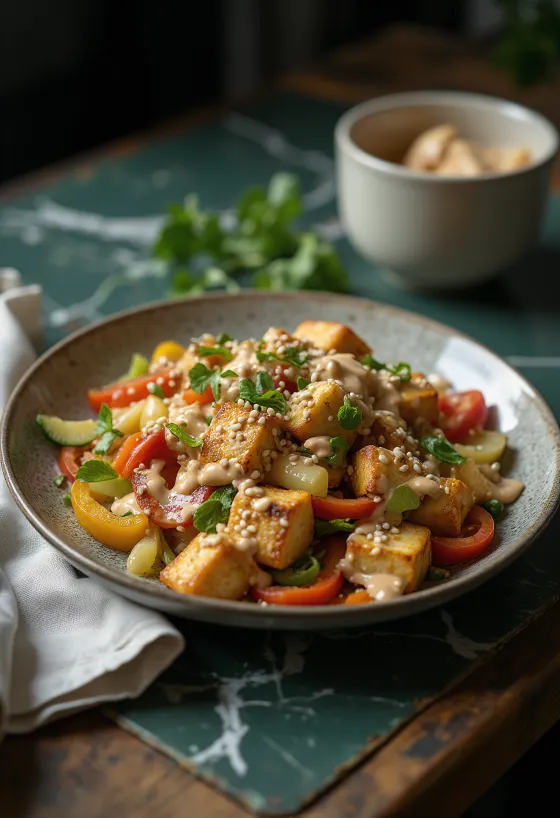 Gegrilde tofu wok met tahini