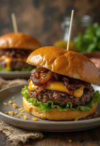 Geserveerde burger met gekarameliseerde ui