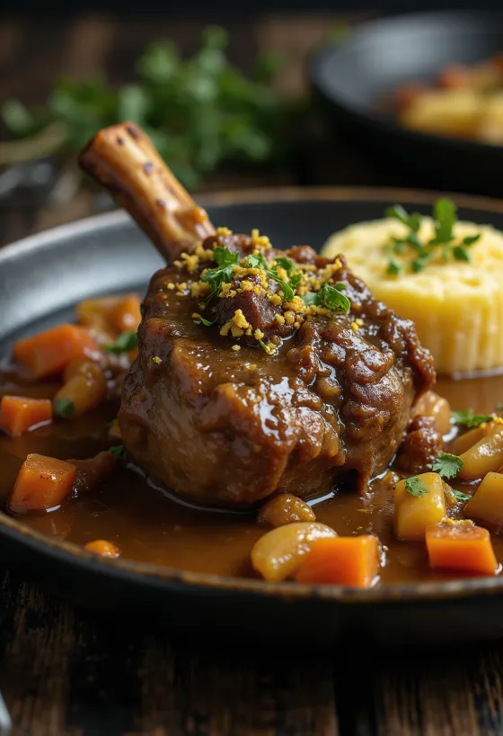 Ossobuco met gremolata geserveerd met risotto