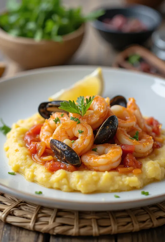 Polenta met zeevruchten, romige basis geserveerd met topping van zeemix