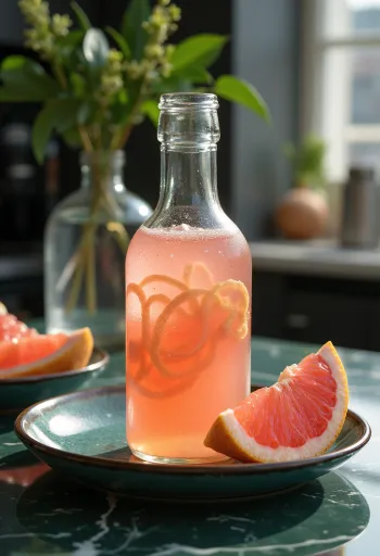 Probiotische grapefruit kombucha, met frisse citrussmaak, gezeefd en gebotteld