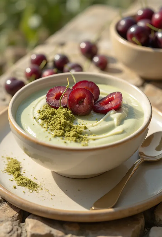 Probiotische yoghurt geserveerd met kersen en matchapoeder