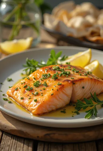 Gebakken zalmfilet, met knapperige huid en versierd met schijfjes citroen