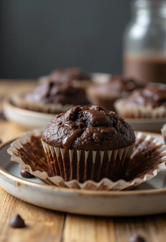 Chocolademuffin goudbruin gebakken, geserveerd met stukjes chocolade