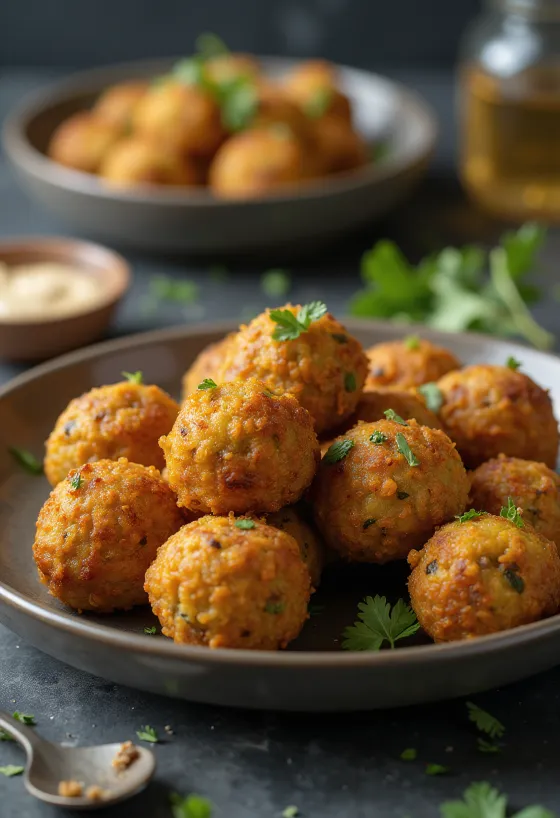 Falafel met knapperige goudbruine buitenkant, bestrooid met verse groene kruiden
