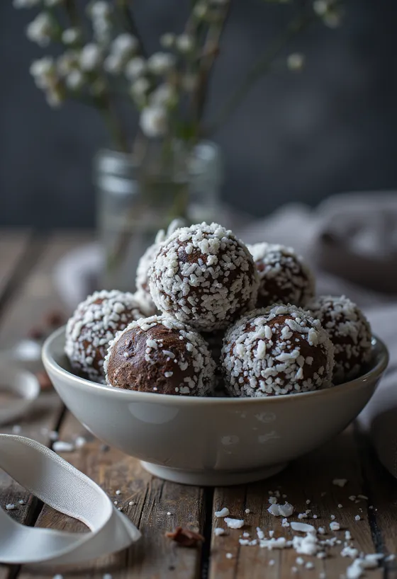 Sneeuwbal chocoladetruffels gewenteld in kokosrasp