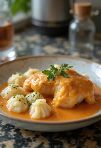 Kip paprikash met schapenkaas-dumplings, traditioneel Hongaars gerecht