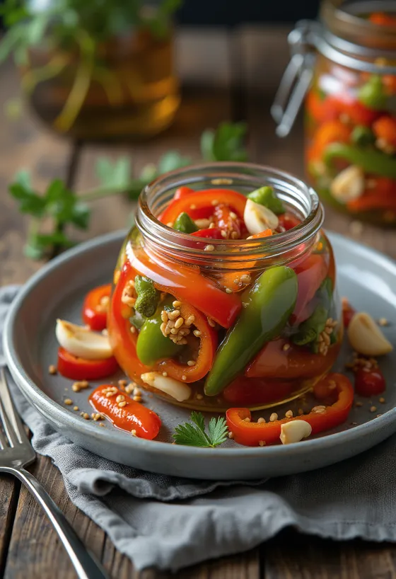 Ingelegde chilipepers in een glazen pot