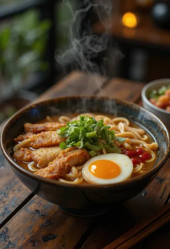 Ramen kom met gebraden kip, noedels en toppings