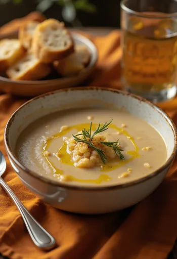 Açorda soep geserveerd met olijfolie en knoflook, verse peterselie