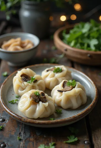 Bánh bột lọc met paddenstoelen, geserveerd met paddenstoelenvulling en verse koriander