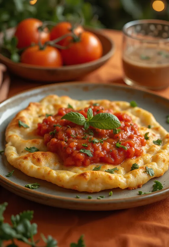 Fainá met tomatensaus en verse basilicumblaadjes geserveerd