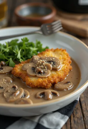 Jägerschnitzel geserveerd met champignonsaus en peterselie