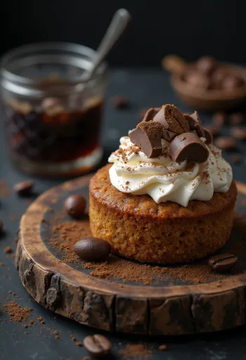 Koffie-kastanjetaart geserveerd met cacao en chocoladekrullen