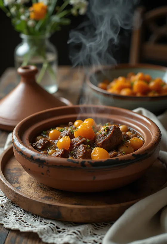 Marokkaanse tajine geserveerd in een aardewerken schaal, versierd met rijke specerijen en kleurrijke groenten.