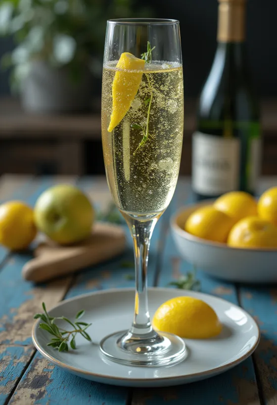 Italiaanse prosecco-cider in een glas gegarneerd met een takje rozemarijn