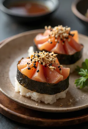 Omusubi met tonijn en mayonaise, geserveerd met nori en sesamzaad