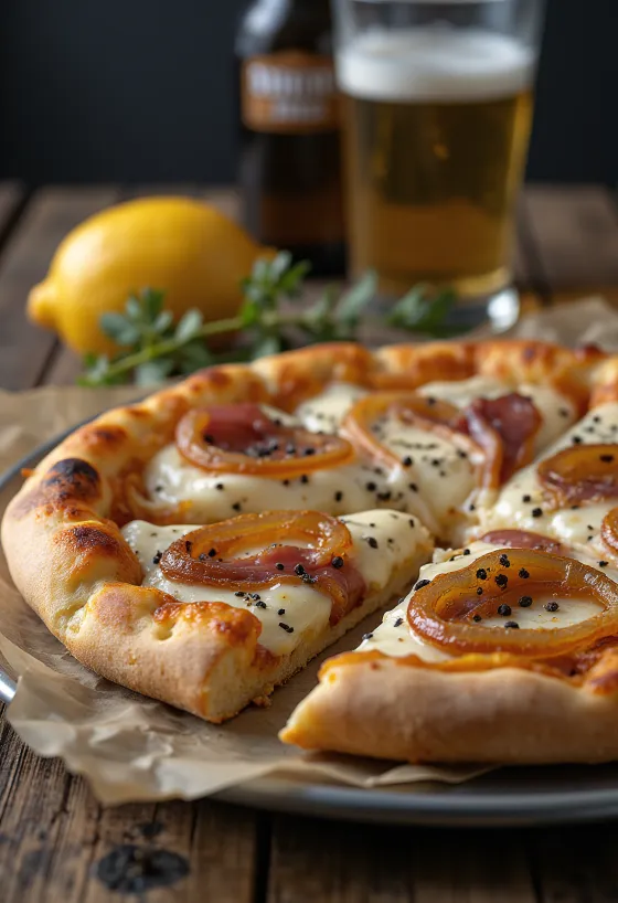 Flammkuchen met crème fraîche, ui en spek