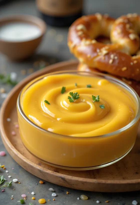 Bier-cheddarsaus in een kom, versierd met verse peterselie, naast nachos.