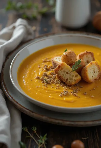 Pompoensoep met kruidige croutons geserveerd