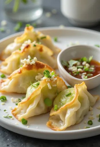 Courgette gyoza met knapperige bodem geserveerd met sojasaus