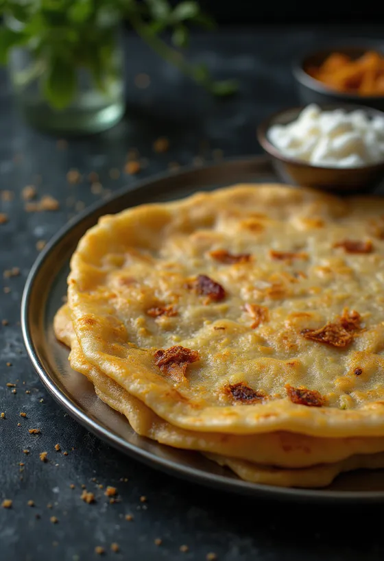 Adai dosa vers, knapperig gebakken, geserveerd met kruidige vulling
