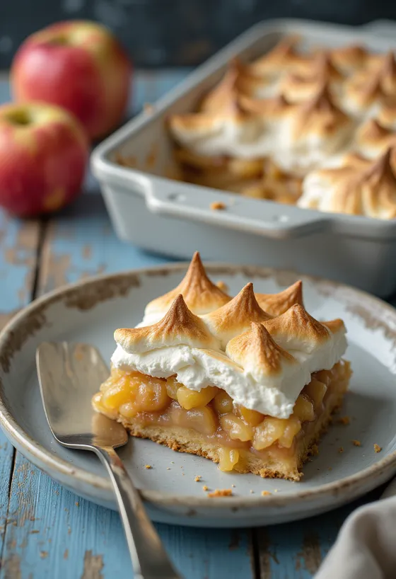 Appelgebak met schuimlaag geserveerd