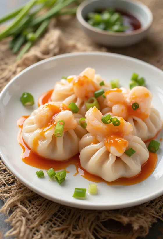 Bánh bột lọc met chilisaus op een bord met verse koriander