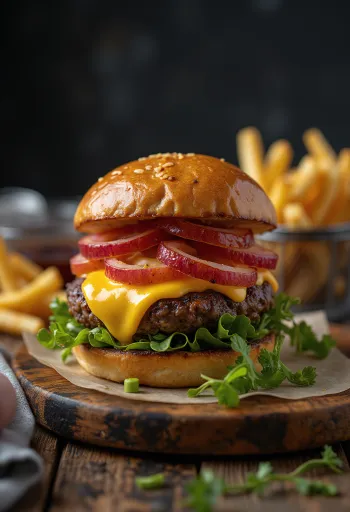 Bison burger met gesmolten kaas en verse groenten