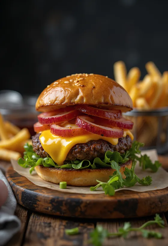 Bison burger met gesmolten kaas en verse groenten