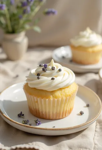 Cupcake met witte chocolade en lavendel geserveerd