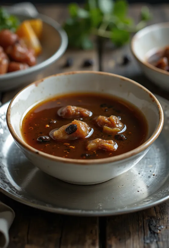 Adobo saus geserveerd met gegrilde kip en rijst