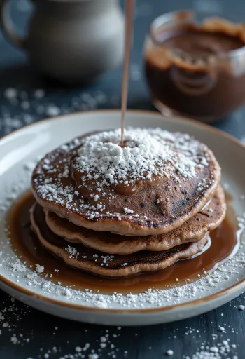 Cacao pannenkoeken bestrooid met poedersuiker, geserveerd op een bord