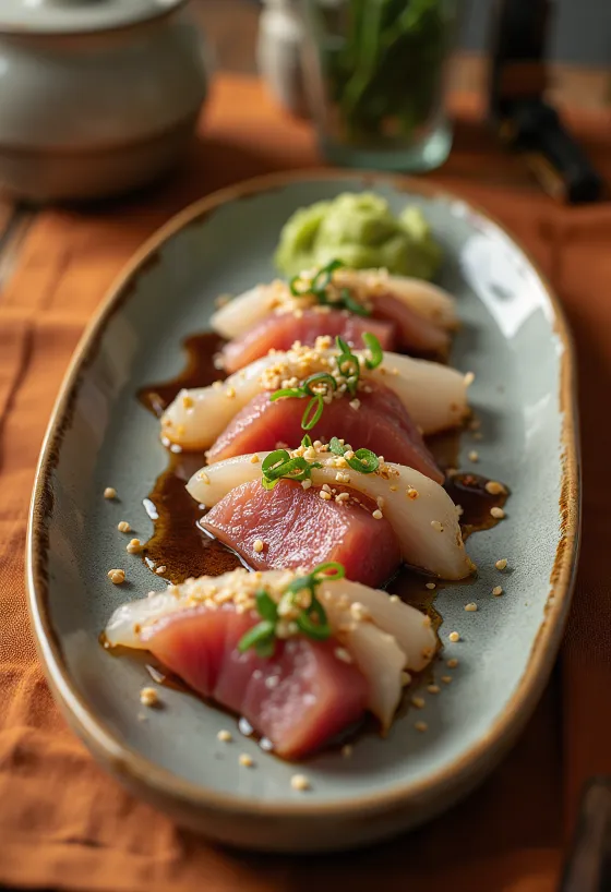 Katsuo tataki met wasabi, plakjes tonijn gegarneerd met sesamzaad en bosui
