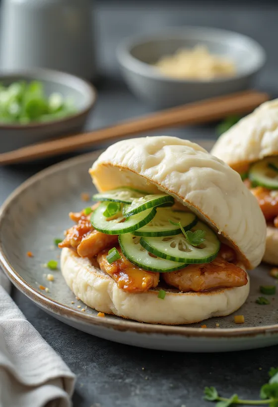 Bao buns met kip en koriander geserveerd
