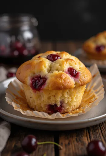 Verse kersenmuffins goudbruin gebakken, bestrooid met poedersuiker