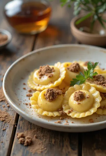 Ravioli met Amaretto geserveerd