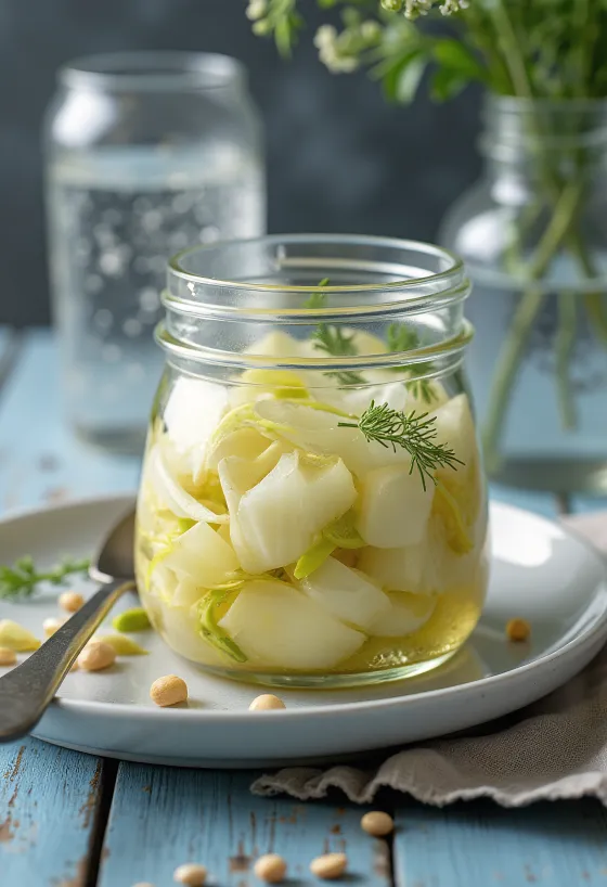 Ingelegde venkel in een glazen pot