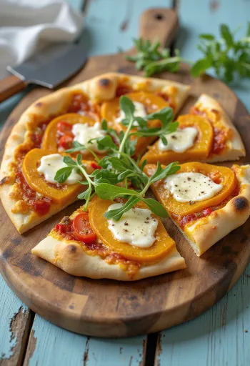 Pompoenpizza met vegan kaas geserveerd