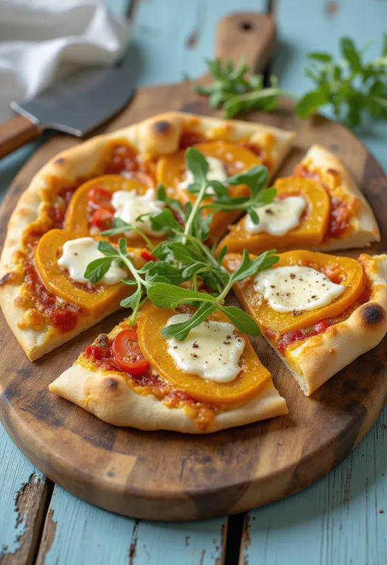 Pompoenpizza met vegan kaas geserveerd