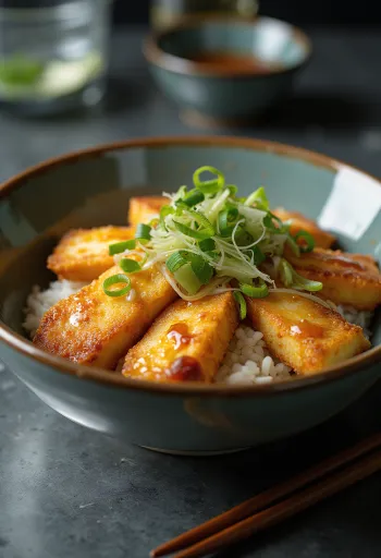 Tofu vulling katsudon in sojasaus, geserveerd met verse lente-ui