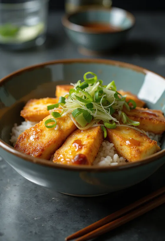 Tofu vulling katsudon in sojasaus, geserveerd met verse lente-ui