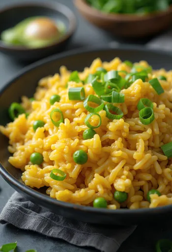 Gebakken rijst met ei geserveerd met verse lente-ui