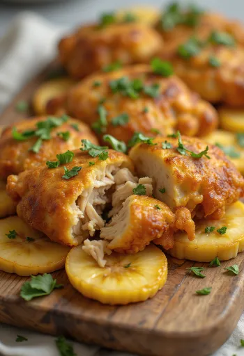 Acarajé met kip, tapiocaballetjes, gegarneerd met gebakken banaan en koriander