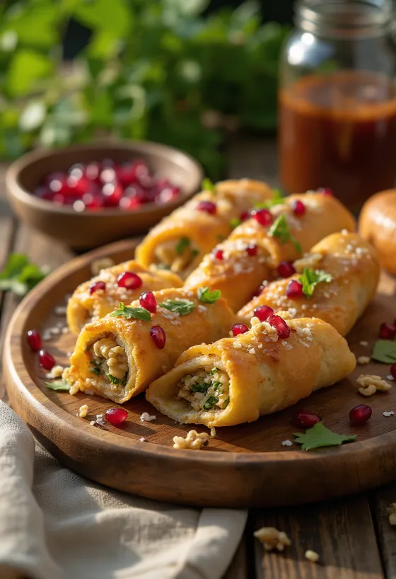 Veganistische variant van Badrijani, geserveerd in kruidige saus, versierd met koriander