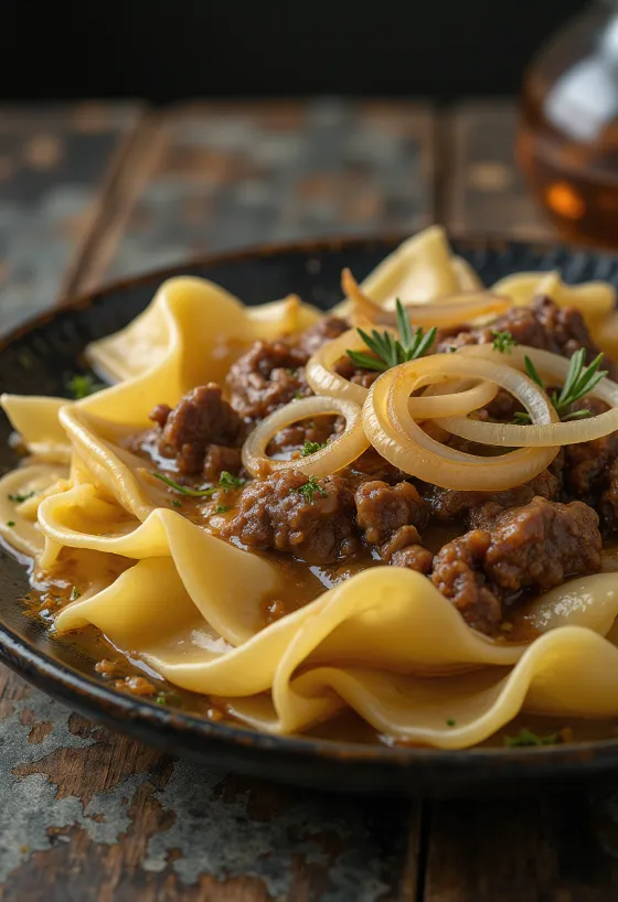 Beshbarmak met ui, rijk rundvleesgerecht met wortels en aardappelen